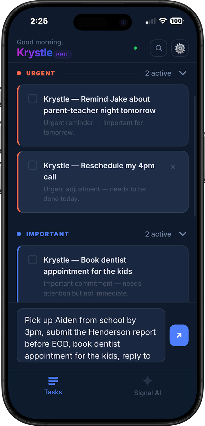 Lumin app dark mode showing AI task prioritization with urgent and important tasks sorted