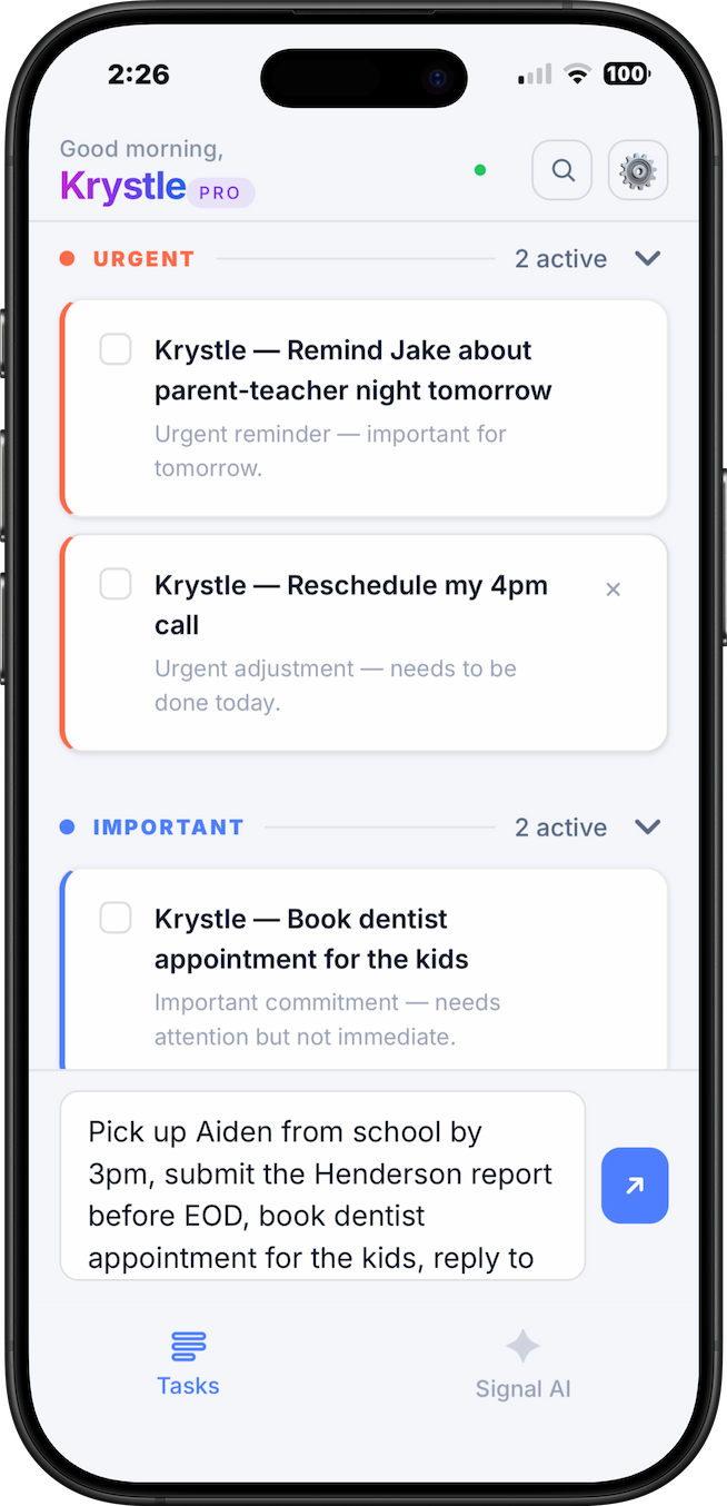 Lumin app showing AI task prioritization — urgent, important and later tasks sorted automatically for a working mother